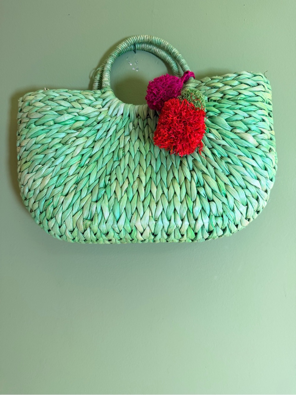 Mint Woven Straw Tote with Colorful Pom-Poms